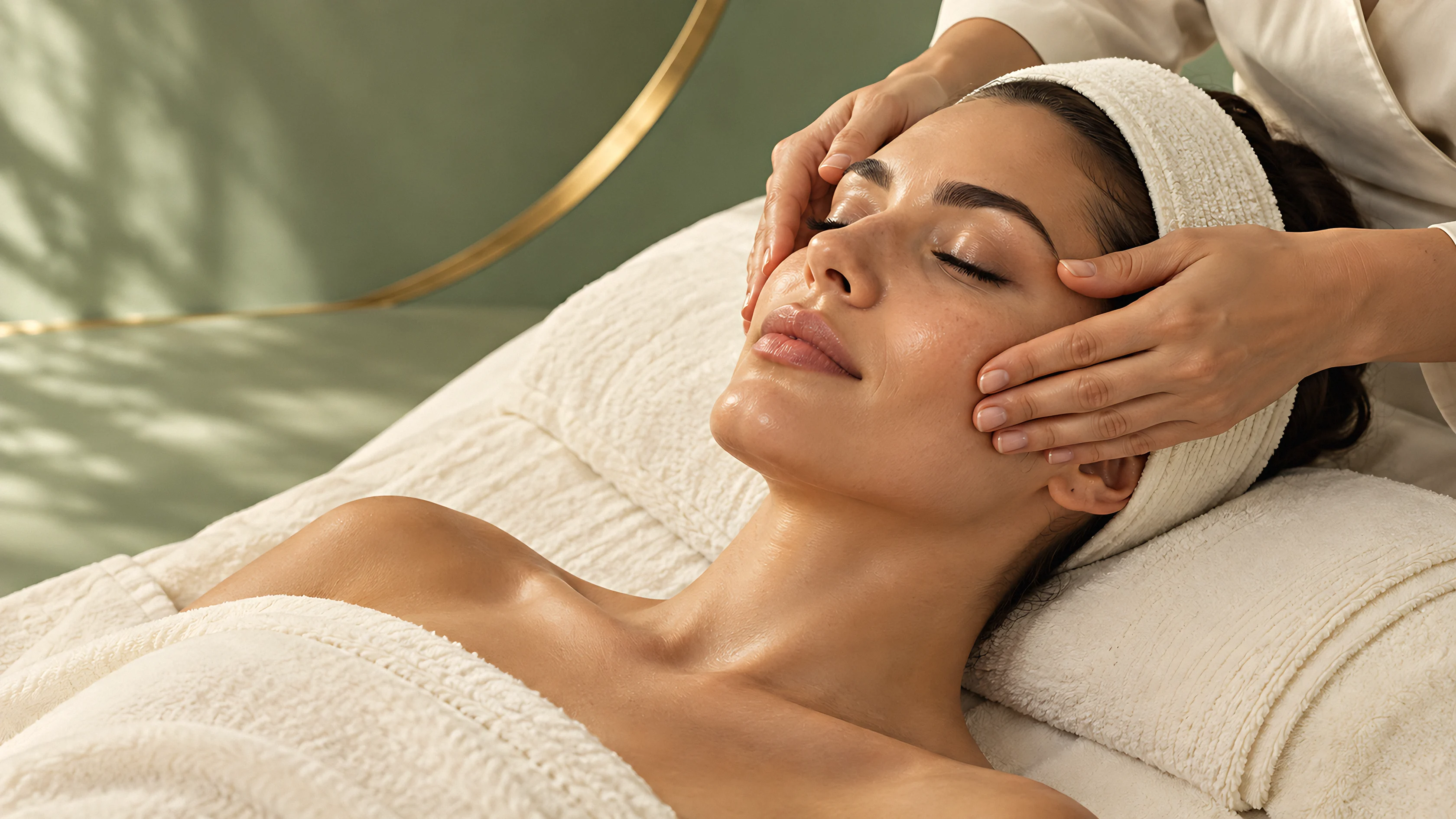 Clienta relajada recibiendo un masaje facial