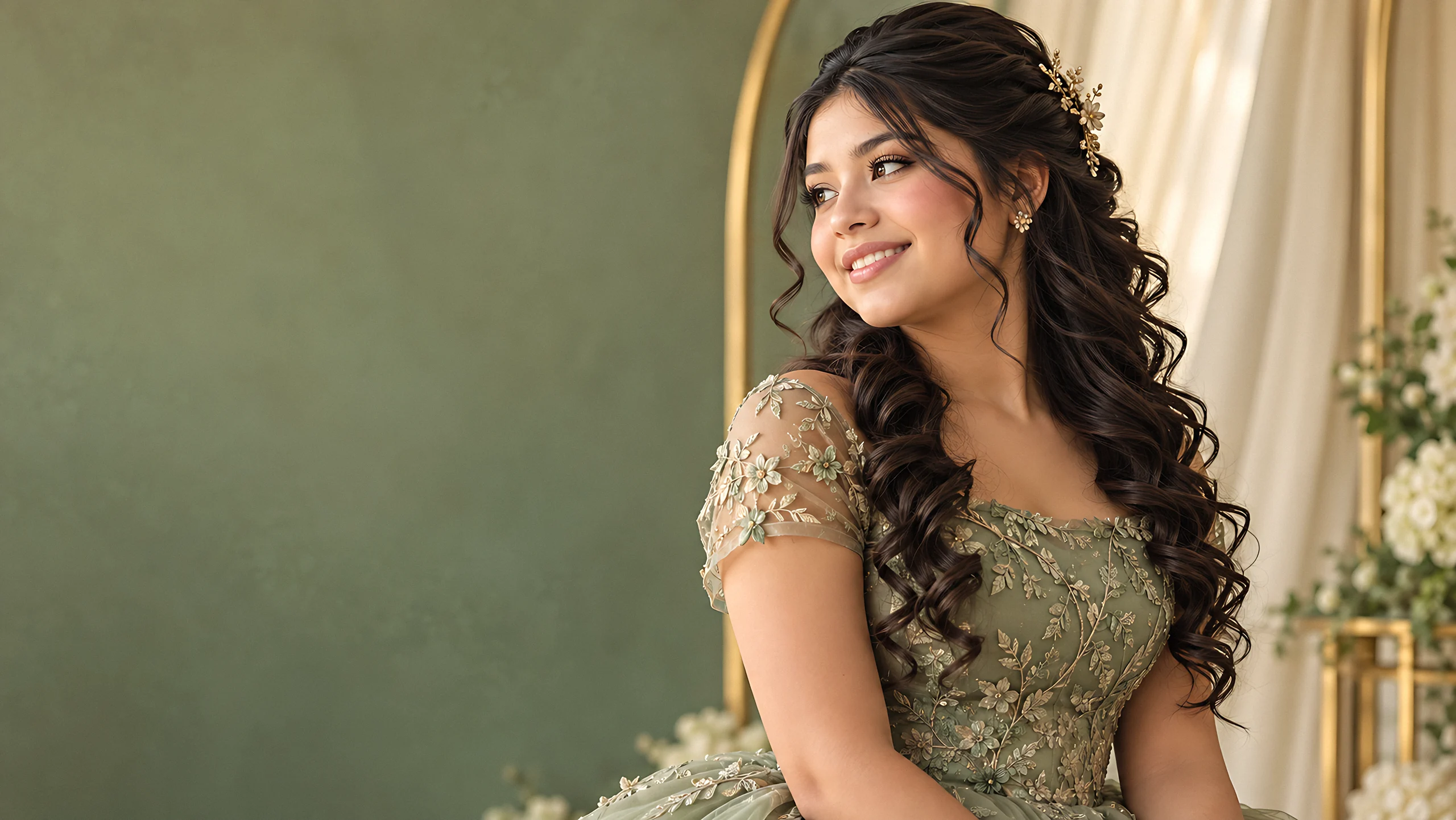 Quinceañera con peinado de rizos y vestido salvia